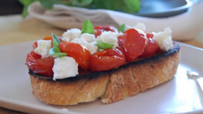 Roasted Tomato Bruschetta in Brazil Nut Oil and Goat Cheese